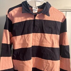 The North Face Rugby Polo Mens Large Pink Blue Striped Heavy-Duty Hiking Retro